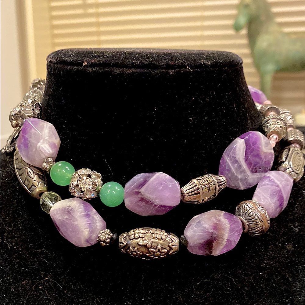 Gigantic Chunky Chevron Amethyst Necklace.Accented with Crystal and Aventurine